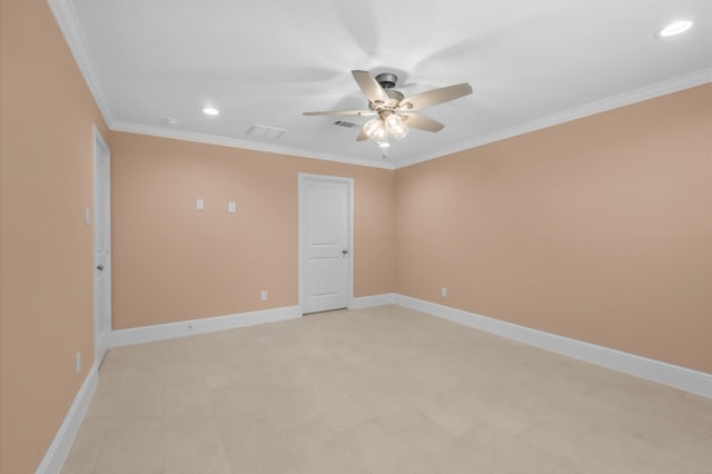 8423 Holiday Ln, Houston, TX 77075 - spare room with a ceiling fan, recessed lighting, ornamental molding, and baseboards