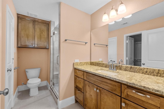 8423 Holiday Ln, Houston, TX 77075 - bathroom featuring toilet, vanity, a shower stall, baseboards, and tile patterned flooring