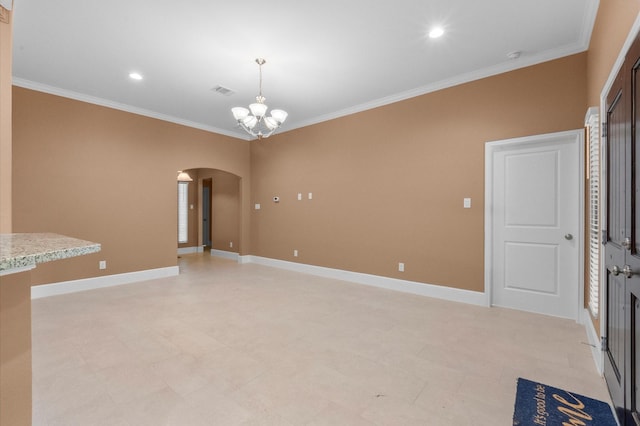 8423 Holiday Ln, Houston, TX 77075 - empty room with arched walkways, ornamental molding, a chandelier, baseboards, and light flooring