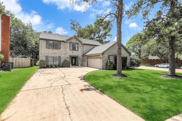 16202 Elm Point Ct, Houston, TX 77095 - traditional home featuring concrete driveway, central AC unit, a garage, and brick siding