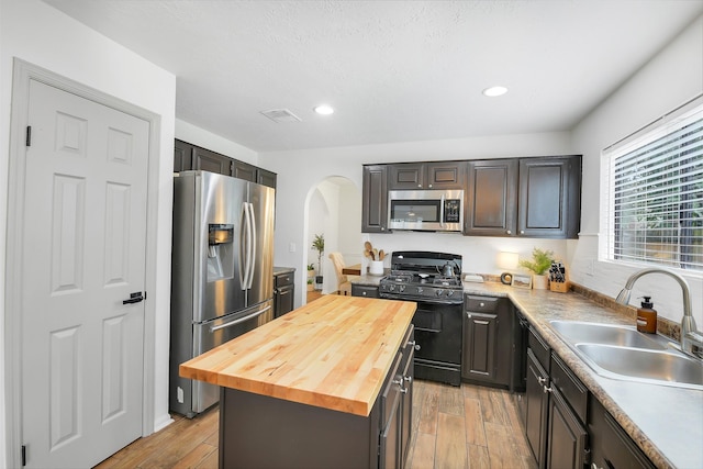 16202 Elm Point Ct, Houston, TX 77095 - kitchen with appliances with stainless steel finishes, butcher block counters, a sink, arched walkways, and light wood-style floors