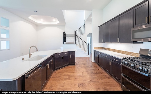 422 Riesling Dr, Alvin, TX 77511 - kitchen with stainless steel appliances, a sink, light wood-style flooring, a tray ceiling, and light countertops