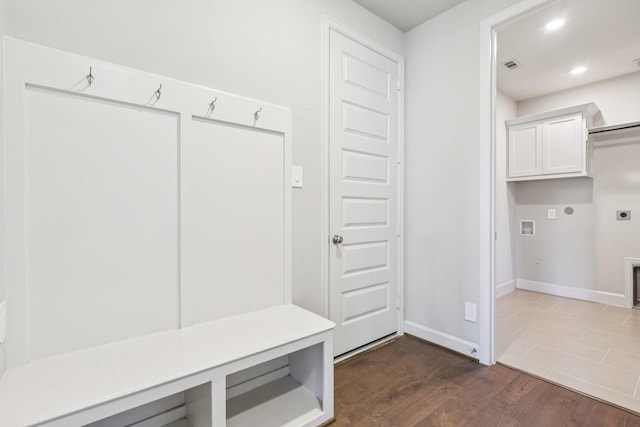 28814 Creekside Bend Dr, Fulshear, TX 77441 - mudroom with baseboards, dark wood-type flooring, and recessed lighting