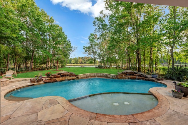 3806 W Benders Landing Blvd, Spring, TX 77386 - view of swimming pool with a yard, a patio area, and a water view