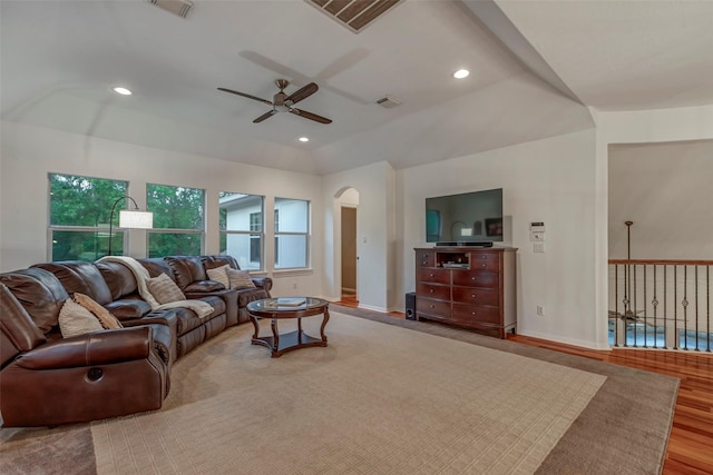 3806 W Benders Landing Blvd, Spring, TX 77386 - living area featuring ceiling fan, arched walkways, wood finished floors, baseboards, and recessed lighting