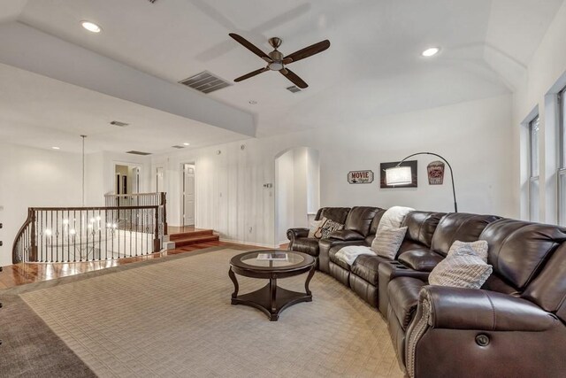 3806 W Benders Landing Blvd, Spring, TX 77386 - living room featuring arched walkways, ceiling fan, recessed lighting, vaulted ceiling, and wood finished floors