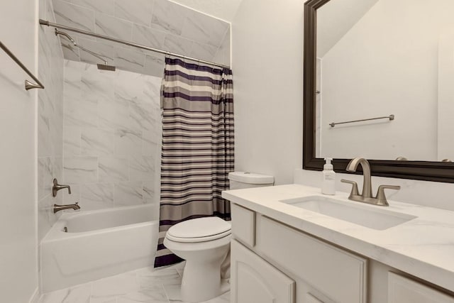 3806 W Benders Landing Blvd, Spring, TX 77386 - bathroom featuring marble look tile flooring, vanity, toilet, and shower / tub combo with curtain