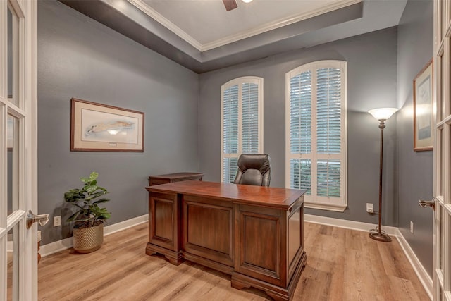 3806 W Benders Landing Blvd, Spring, TX 77386 - office featuring ornamental molding, light wood-type flooring, baseboards, a tray ceiling, and a ceiling fan