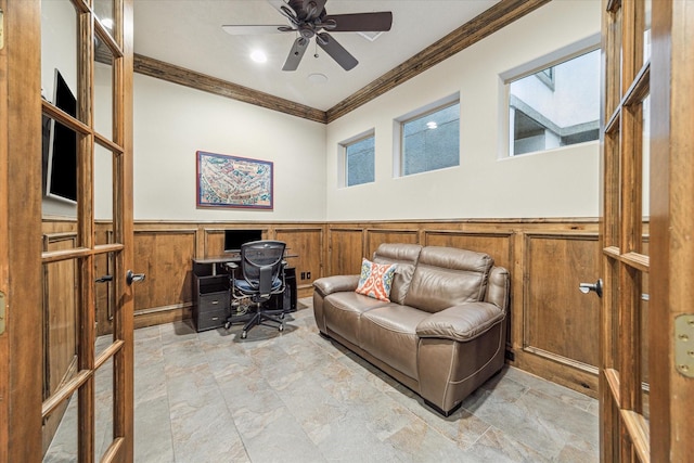 6619 Minola St, Houston, TX 77007 - office space featuring a wainscoted wall, ornamental molding, and ceiling fan