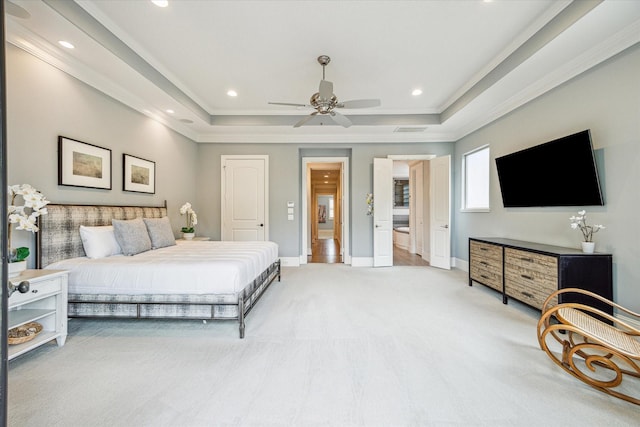 6619 Minola St, Houston, TX 77007 - bedroom with ornamental molding, light colored carpet, a raised ceiling, baseboards, and recessed lighting
