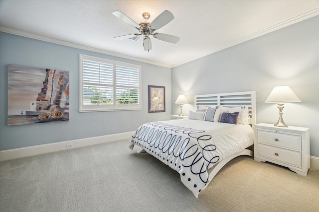 6619 Minola St, Houston, TX 77007 - bedroom with ornamental molding, baseboards, light carpet, and ceiling fan