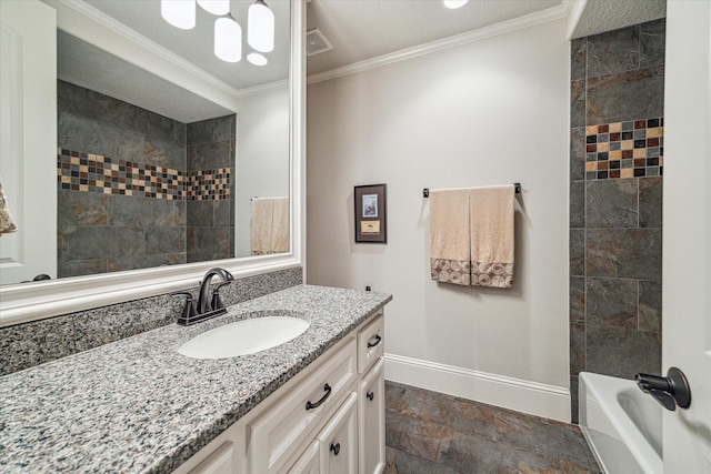 6619 Minola St, Houston, TX 77007 - full bath with stone tile flooring, vanity, baseboards, ornamental molding, and  shower combination