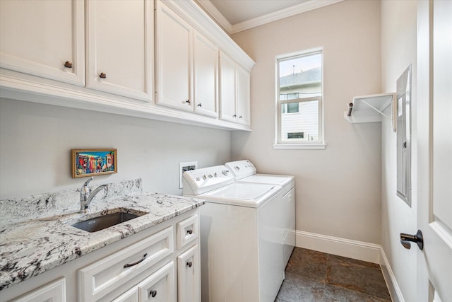 6619 Minola St, Houston, TX 77007 - laundry room featuring independent washer and dryer, cabinet space, baseboards, and crown molding