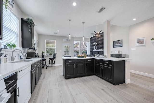 9303 Filaree Ridge Ln, Houston, TX 77089 - kitchen featuring white dishwasher, a sink, dark cabinetry, light countertops, and a ceiling fan