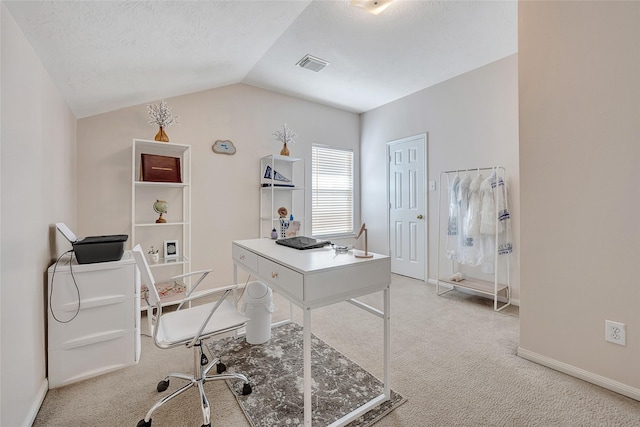 9303 Filaree Ridge Ln, Houston, TX 77089 - office featuring light colored carpet, lofted ceiling, and baseboards