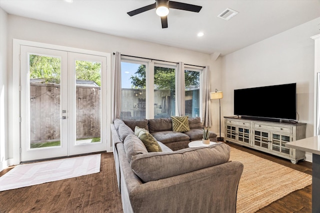 823 Mansfield St Unit E, Houston, TX 77091 - living area with french doors, ceiling fan, dark wood-style floors, and recessed lighting