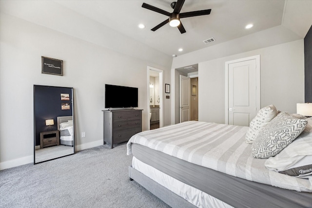 823 Mansfield St Unit E, Houston, TX 77091 - bedroom featuring light carpet, recessed lighting, baseboards, ensuite bathroom, and ceiling fan