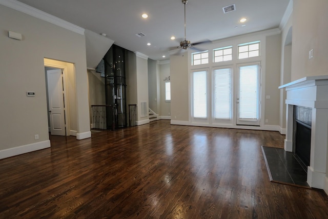9642 Fannin Sta W, Houston, TX 77045 - unfurnished living room with crown molding, a ceiling fan, a fireplace with raised hearth, baseboards, and recessed lighting