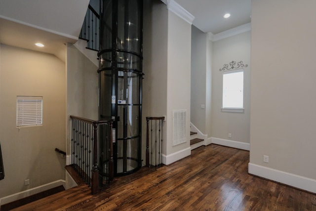 9642 Fannin Sta W, Houston, TX 77045 - stairs with baseboards, wood finished floors, ornamental molding, and recessed lighting