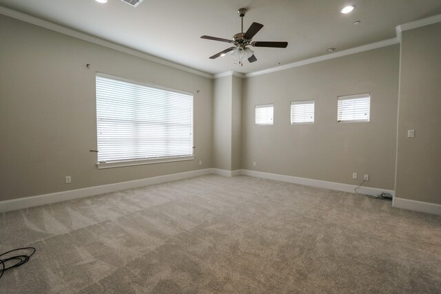 9642 Fannin Sta W, Houston, TX 77045 - spare room featuring crown molding, baseboards, light carpet, ceiling fan, and recessed lighting