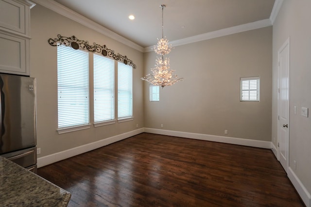 9642 Fannin Sta W, Houston, TX 77045 - unfurnished dining area featuring a chandelier, crown molding, baseboards, dark wood-style floors, and recessed lighting
