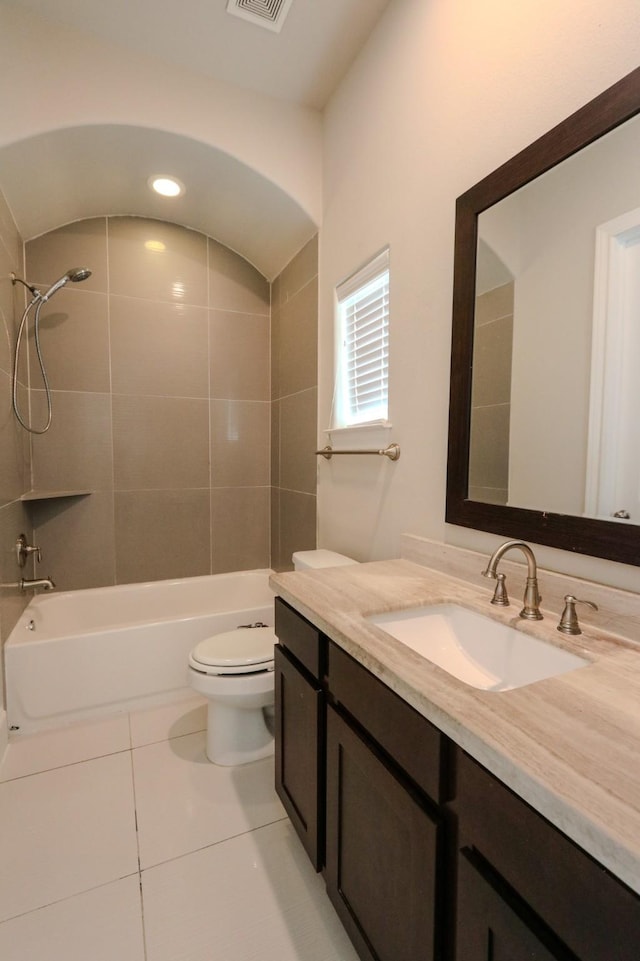 9642 Fannin Sta W, Houston, TX 77045 - full bath featuring tile patterned floors, vanity, toilet, bathtub / shower combination, and recessed lighting