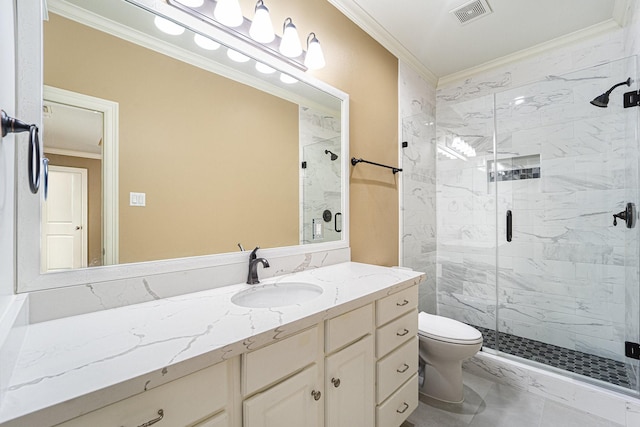 641 Hartman St, Houston, TX 77007 - bathroom with crown molding, a marble finish shower, toilet, and vanity
