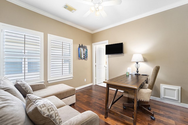 641 Hartman St, Houston, TX 77007 - home office featuring a ceiling fan, baseboards, crown molding, and wood finished floors