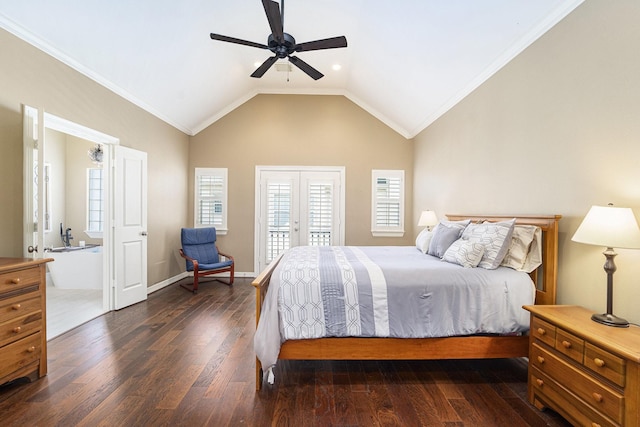 641 Hartman St, Houston, TX 77007 - bedroom featuring access to exterior, dark wood-style floors, vaulted ceiling, crown molding, and ceiling fan