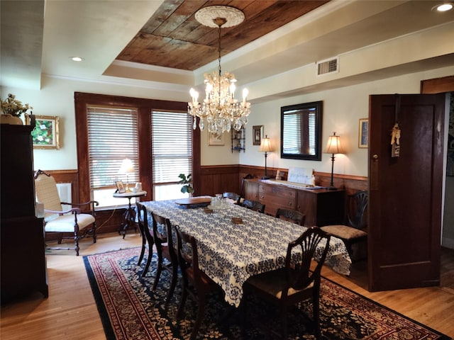 1017 Water St, Navasota, TX 77868 - dining area with a tray ceiling, wainscoting, wood ceiling, a chandelier, and light wood finished floors