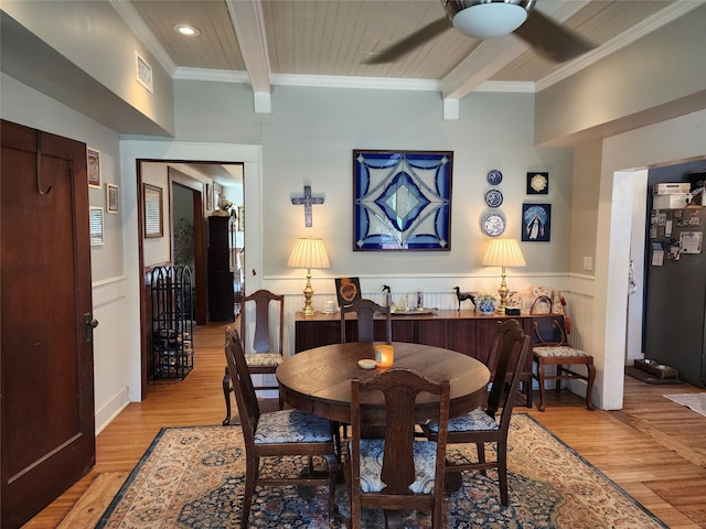 1017 Water St, Navasota, TX 77868 - dining area featuring ceiling fan, beam ceiling, light wood-type flooring, crown molding, and wainscoting