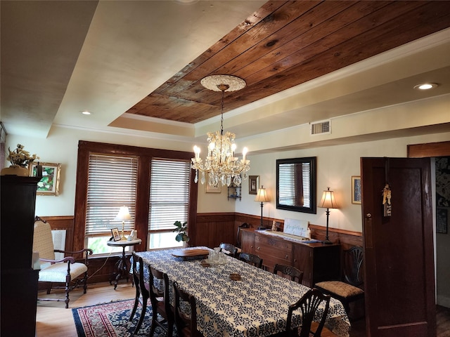 1017 Water St, Navasota, TX 77868 - dining room featuring a tray ceiling, a wainscoted wall, ornamental molding, wood finished floors, and a chandelier