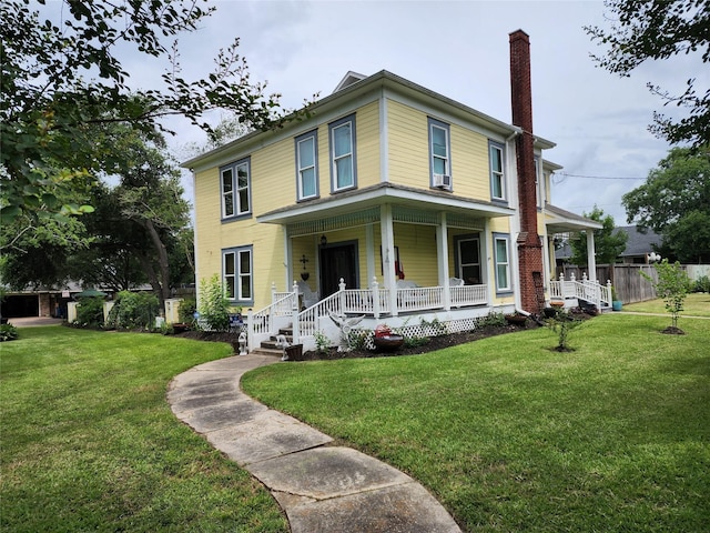 1017 Water St, Navasota, TX 77868 - view of front facade featuring a porch, a chimney, a front lawn, and cooling unit