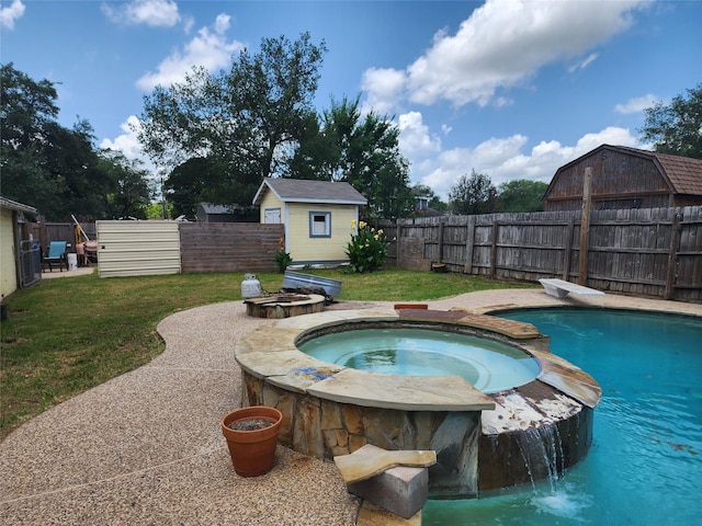1017 Water St, Navasota, TX 77868 - view of swimming pool with a fenced backyard, a storage unit, a diving board, and a pool with connected hot tub