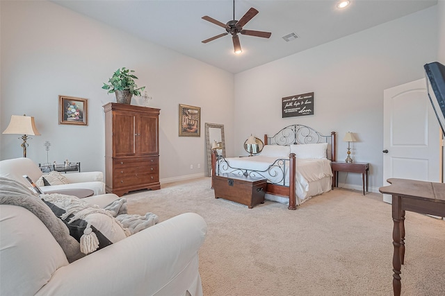 1622 Quail Ridge Dr, Katy, TX 77493 - bedroom featuring light carpet, high vaulted ceiling, baseboards, ceiling fan, and recessed lighting