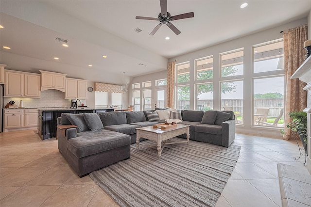 1622 Quail Ridge Dr, Katy, TX 77493 - living area featuring light tile patterned floors, recessed lighting, and a ceiling fan