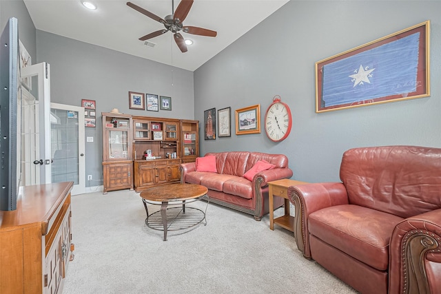 1622 Quail Ridge Dr, Katy, TX 77493 - living room featuring high vaulted ceiling, light colored carpet, a ceiling fan, baseboards, and recessed lighting