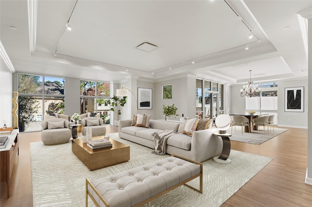 511 S Post Oak Ln Unit 2B, Houston, TX 77056 - living area featuring rail lighting, a tray ceiling, light wood-style flooring, a chandelier, and ornamental molding