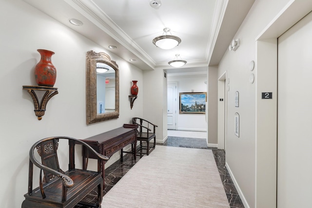 511 S Post Oak Ln Unit 2B, Houston, TX 77056 - hall featuring dark marble finish flooring, crown molding, elevator, baseboards, and recessed lighting