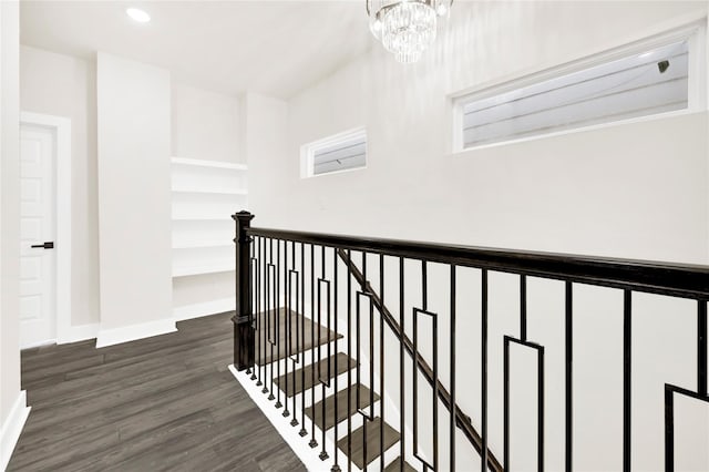 3632 Dreyfus St, Houston, TX 77021 - hall with an upstairs landing, dark wood-style floors, a chandelier, and recessed lighting