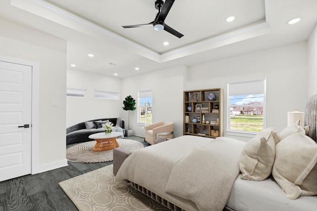 3632 Dreyfus St, Houston, TX 77021 - bedroom with dark wood-type flooring, ornamental molding, recessed lighting, a raised ceiling, and ceiling fan