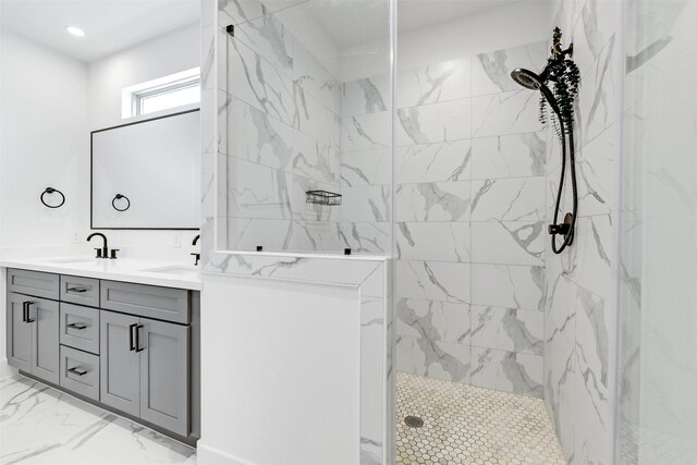1503 Chestnut St Unit B, Houston, TX 77009 - full bath featuring double vanity, a marble finish shower, marble finish floors, and recessed lighting