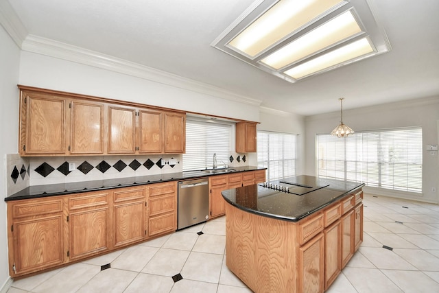 4311 Roaring Rapids Dr, Pasadena, TX 77059 - kitchen featuring stainless steel dishwasher, a sink, decorative backsplash, a kitchen island, and ornamental molding