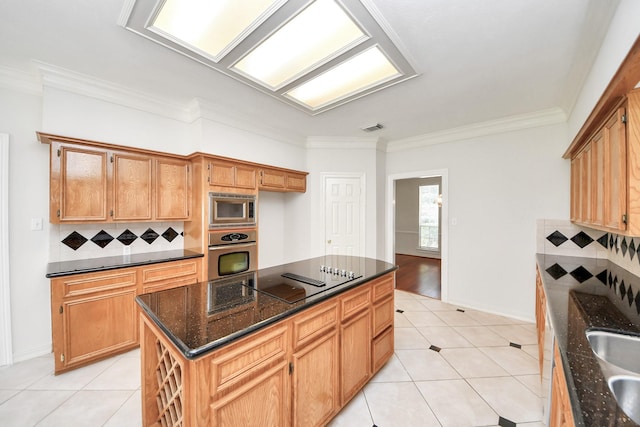 4311 Roaring Rapids Dr, Pasadena, TX 77059 - kitchen with stainless steel appliances, tasteful backsplash, light tile patterned floors, crown molding, and dark stone counters