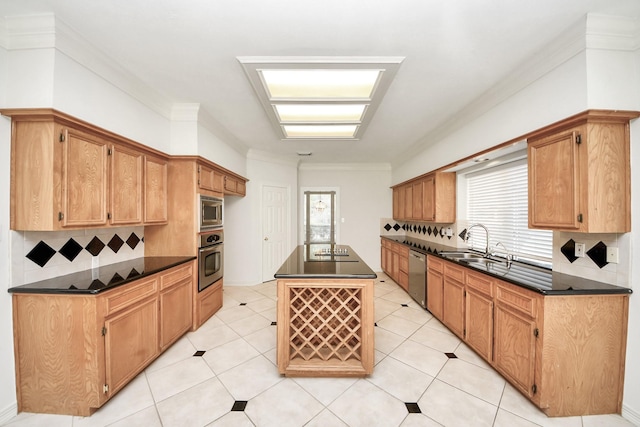 4311 Roaring Rapids Dr, Pasadena, TX 77059 - kitchen with appliances with stainless steel finishes, dark countertops, tasteful backsplash, and crown molding