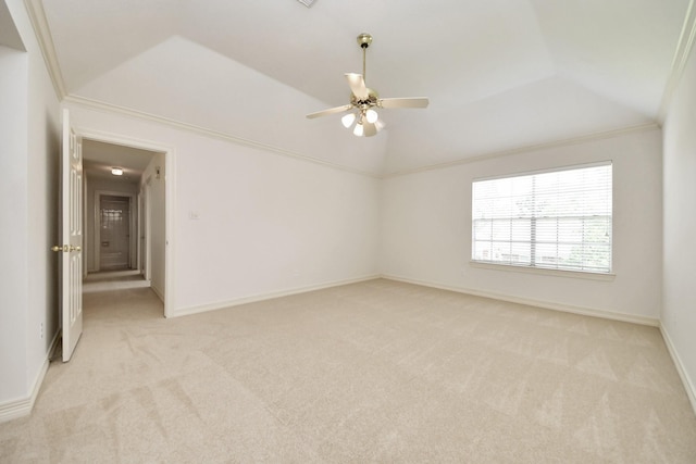 4311 Roaring Rapids Dr, Pasadena, TX 77059 - unfurnished room with light carpet, ceiling fan, lofted ceiling, and baseboards