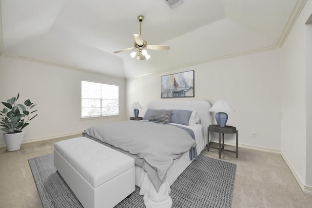4311 Roaring Rapids Dr, Pasadena, TX 77059 - bedroom featuring light carpet, vaulted ceiling, ceiling fan, baseboards, and ornamental molding