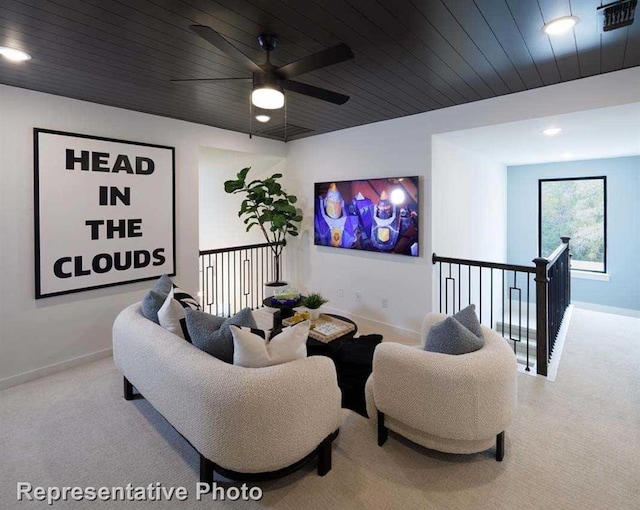 2296 Vargas St, Magnolia, TX 77316 - carpeted living room featuring baseboards, a ceiling fan, recessed lighting, and wooden ceiling