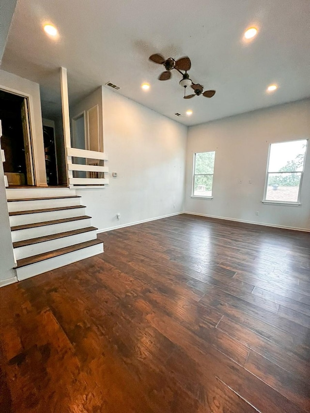 239 Cove Vw, Trinity, TX 75862 - unfurnished living room featuring ceiling fan, wood finished floors, stairway, recessed lighting, and baseboards