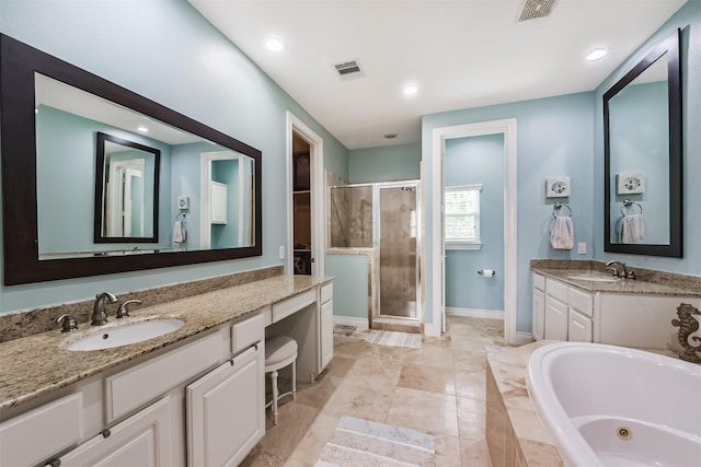 8806 Lakeshore Bend Dr, Houston, TX 77080 - full bathroom featuring a shower stall, a whirlpool tub, vanity, and recessed lighting